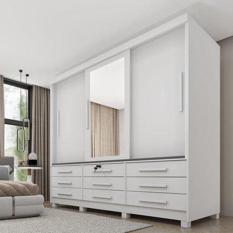 Guarda Roupa Casal com Espelho e Pés 3 Portas 9 Gavetas 199cm Chicago Branco/Neve
