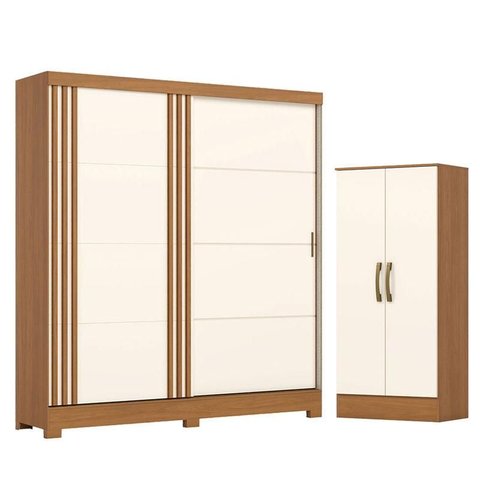 Guarda Roupa Solteiro 02 Portas de Correr 03 Gavetas Prime com Armário Multiuso Prime Cinamomo Off W