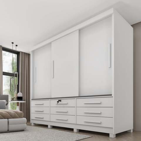 Guarda Roupa Casal com Pés 3 Portas de Correr 9 Gavetas 199cm Chicago Branco/Neve