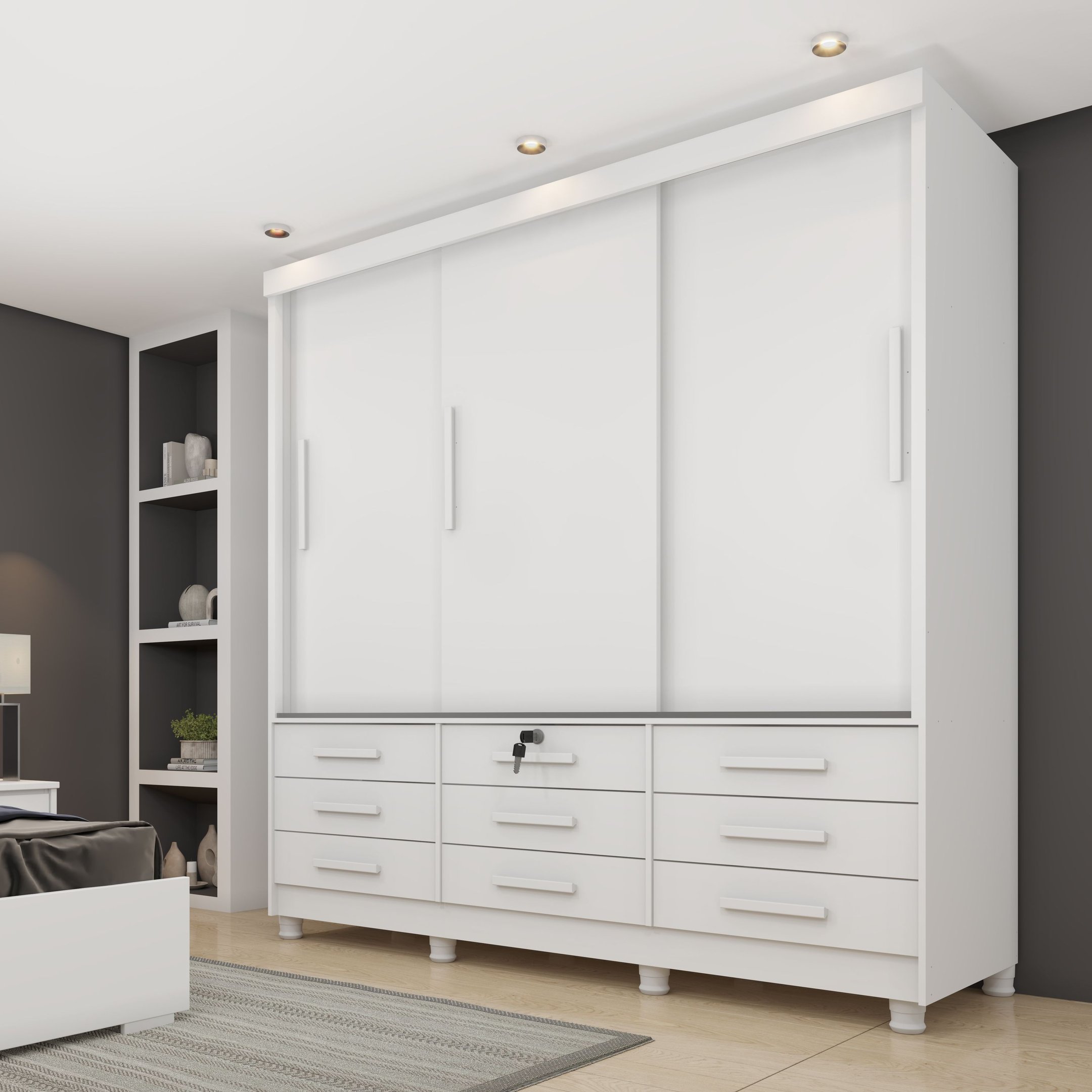 G:977729     3ドア　２０１９年　　350L Guarda Roupa Casal com Espelho 3 Portas de Correr 9 Gavetas 199cm