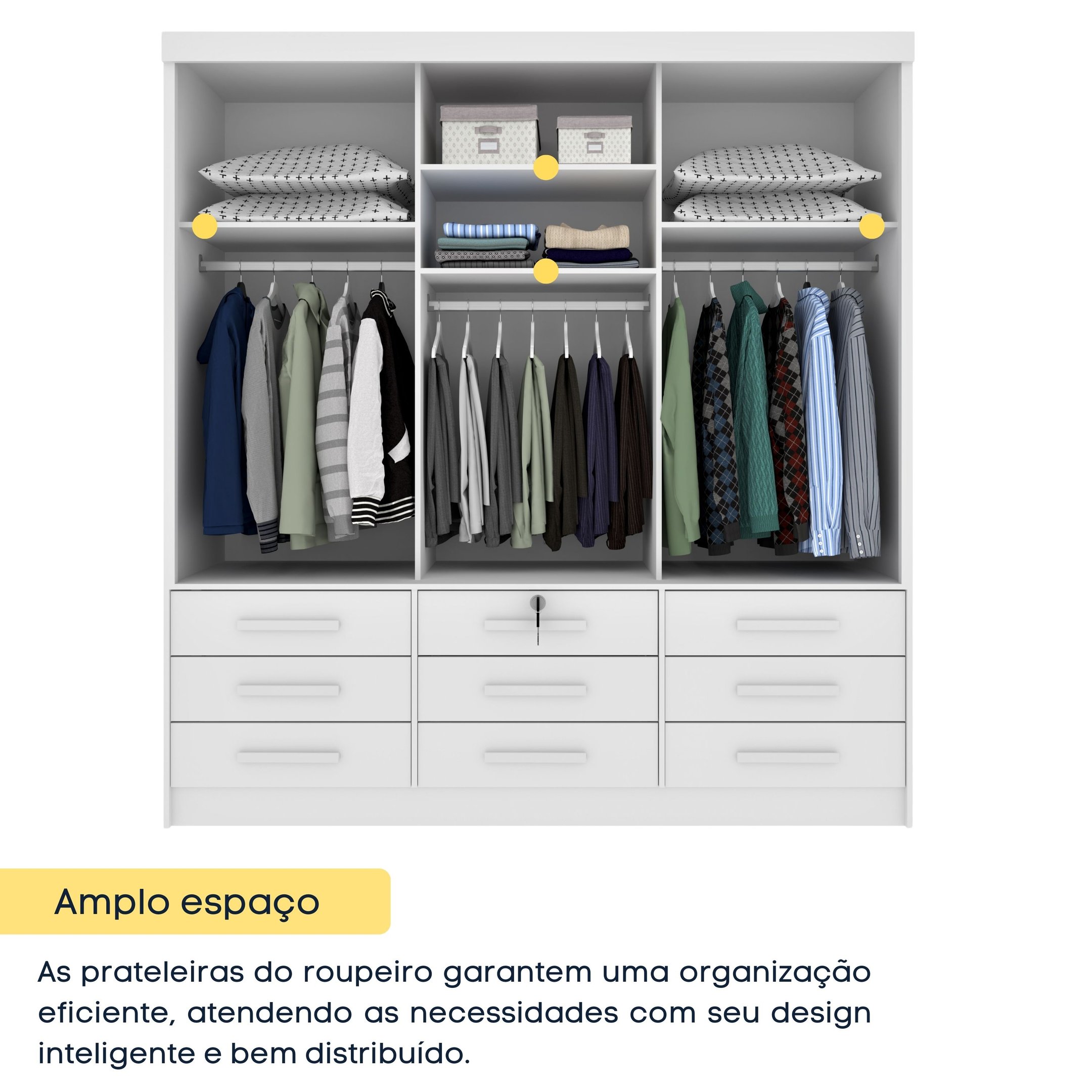 Guarda Roupa Casal com Espelho 3 Portas de Correr 9 Gavetas 199cm Chicago   - 6