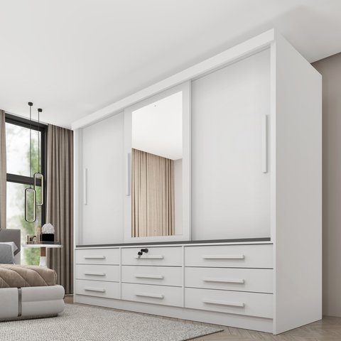 Guarda Roupa Casal com Espelho 3 Portas de Correr 9 Gavetas 199cm Chicago Branco/Neve