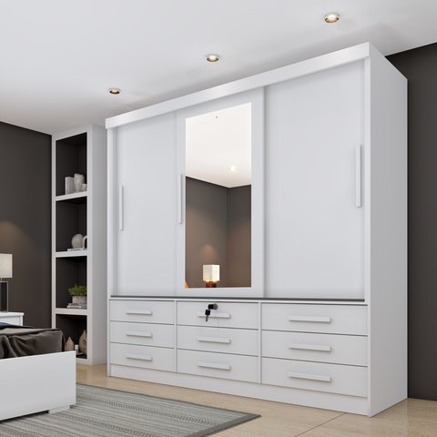 Guarda Roupa Casal com Espelho 3 Portas de Correr 9 Gavetas 199cm Chicago