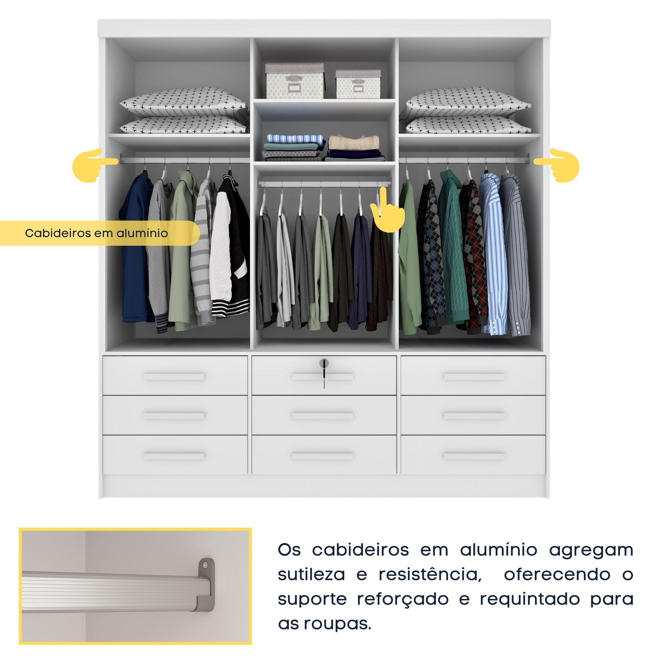 Guarda Roupa Casal com Espelho 3 Portas de Correr 9 Gavetas 199cm Chicago   - 7