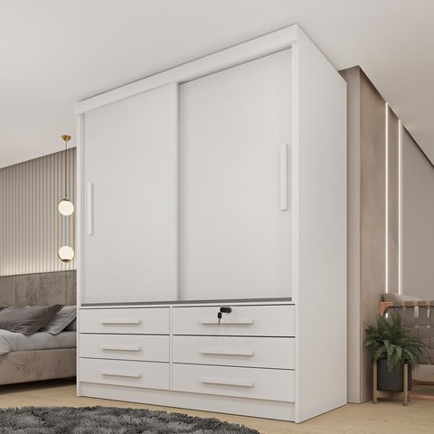 Guarda Roupa Solteiro 2 Portas 6 Gavetas 133cm Chicago Branco/Neve