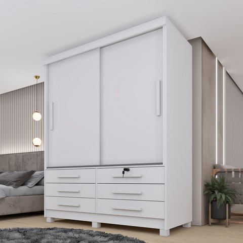 Guarda Roupa Solteiro com Pés 2 Portas 6 Gavetas 133cm Chicago Branco/Neve