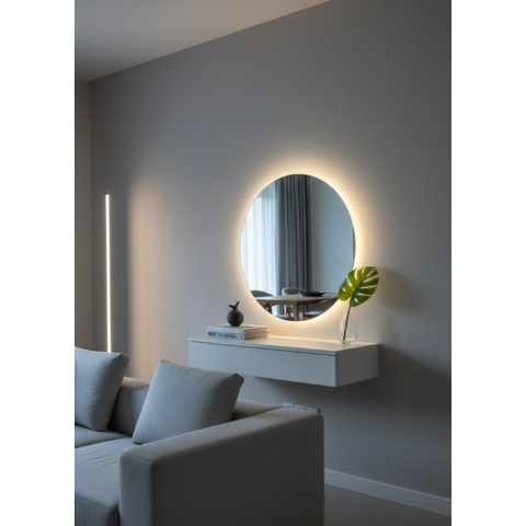 Espelho Redondo Lapidado com Luz Led Fria para Maquiagem Quarto Sala Salão Suporte de Fixação 50cm