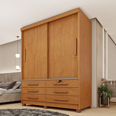 Guarda Roupa Solteiro com Pés 2 Portas 6 Gavetas 133cm Chicago Bege/Cinamomo