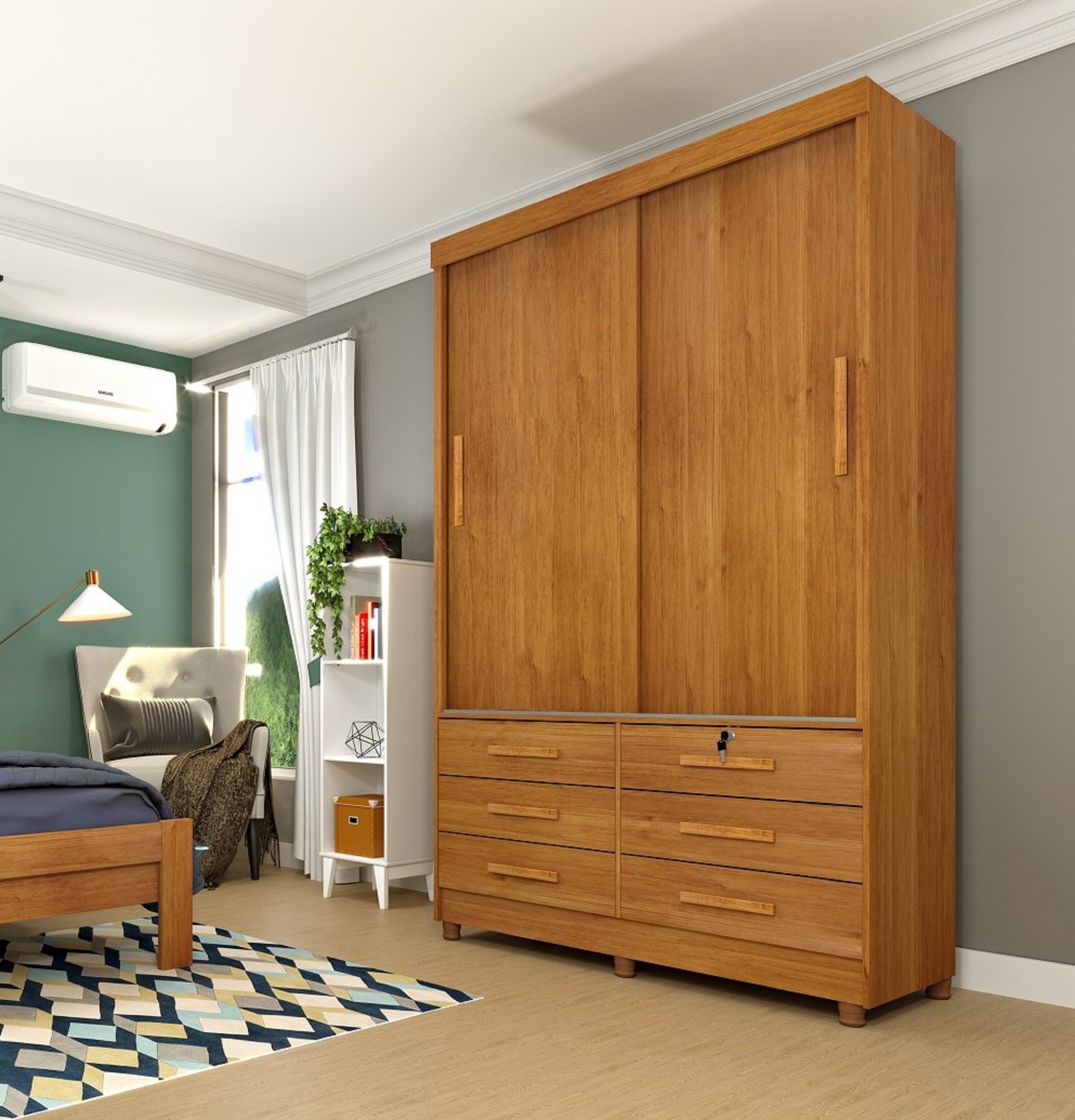 Guarda Roupa Solteiro com pés 2 Portas 6 Gavetas 133cm Chicago 