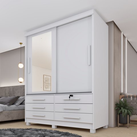 Guarda Roupa Solteiro com Espelho e Pés 2 Portas 6 Gavetas 133cm Chicago Branco/Neve