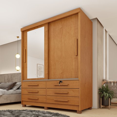 Guarda Roupa Solteiro com Espelho e Pés 2 Portas 6 Gavetas 133cm Chicago Bege/Cinamomo