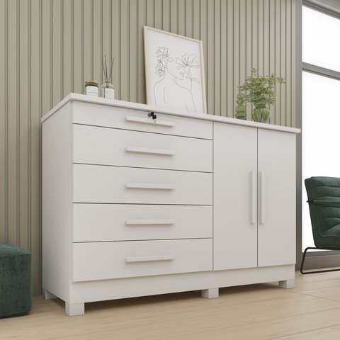 Cômoda 5 Gavetas 2 Portas com Pés 136cm Istambul Branco/Neve