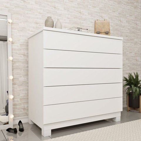 Cômoda 5 Gavetas com Pés 86cm Premium Branco/Neve