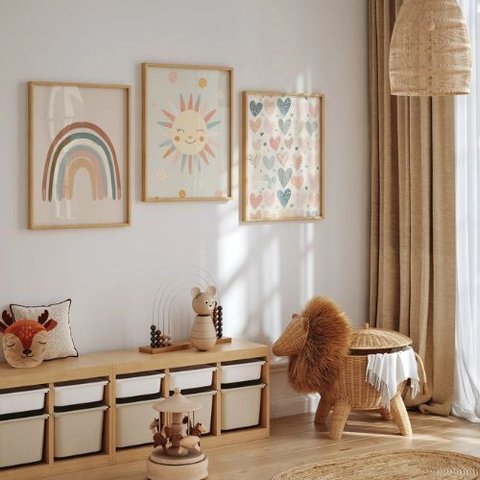 Kit 3 Quadros Decorativos Infantil - Boho Love NO2 - 30x40 - Moldura Madeira