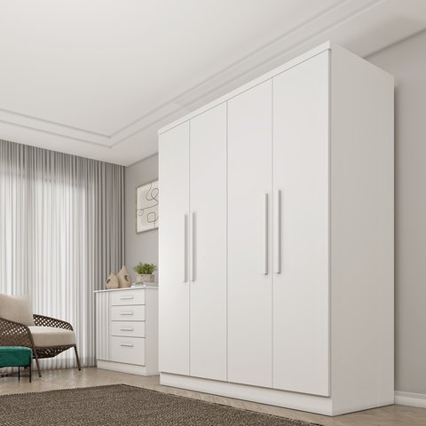 Guarda Roupa Solteiro 4 Portas 2 Gavetas 133cm Amsterdam Branco/Neve