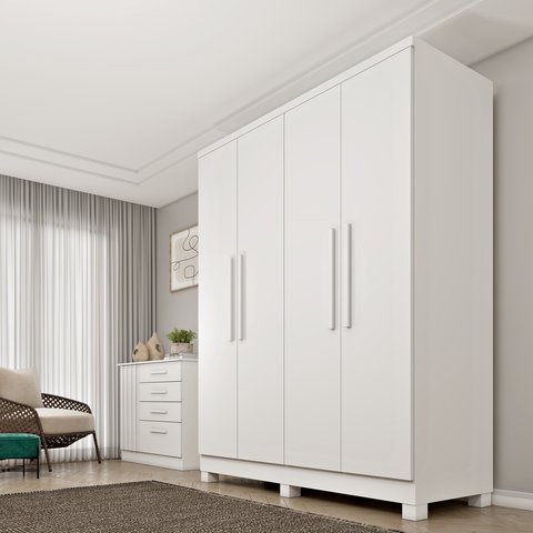 Guarda Roupa Solteiro com Pés 4 Portas 2 Gavetas 133cm Amsterdam Branco/Neve