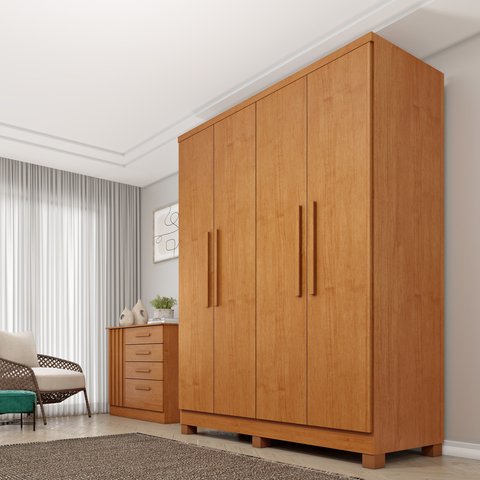 Guarda Roupa Solteiro com Pés 4 Portas 2 Gavetas 133cm Amsterdam Bege/Cinamomo