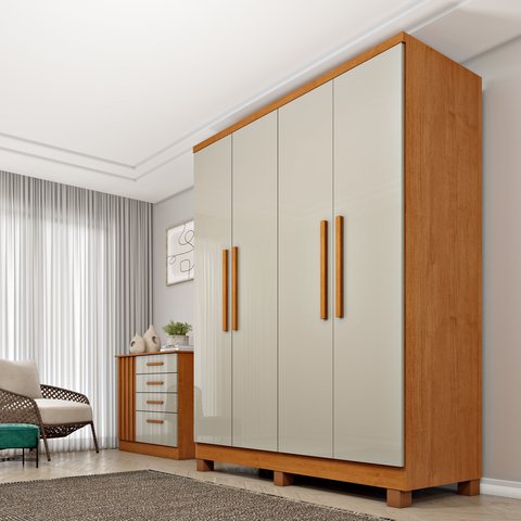Guarda Roupa Solteiro com Pés 4 Portas 2 Gavetas 133cm Amsterdam Bege/Cinamomo/Off White