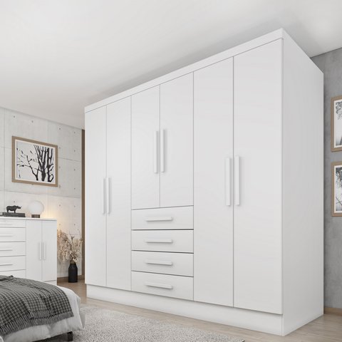 Guarda Roupa Casal 6 Portas 4 Gavetas 180cm Arizona Branco/Neve