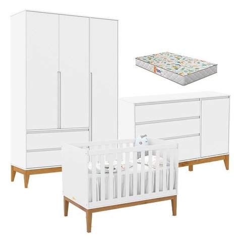 Quarto de Bebê Nature Clean 3 Portas com Berço Unique Branco Soft Eco Wood e Colchão Gazin –