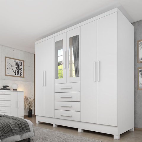 Guarda Roupa Casal com Espelho e Pés 6 Portas 4 Gavetas 180cm Arizona Branco/Neve