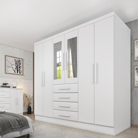 Guarda Roupa Casal com Espelho 6 Portas 4 Gavetas 180cm Arizona Branco/Neve