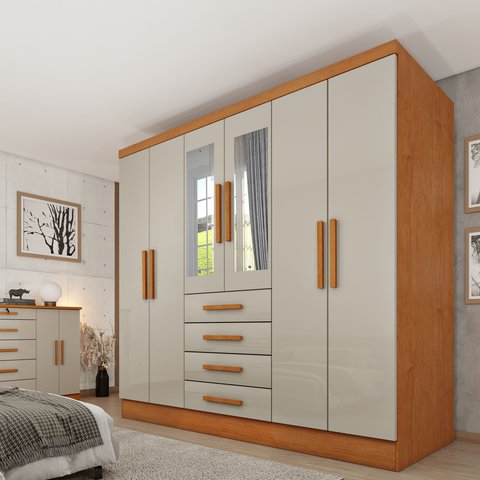 Guarda Roupa Casal com Espelho 6 Portas 4 Gavetas 180cm Arizona Bege/Cinamomo/Off White