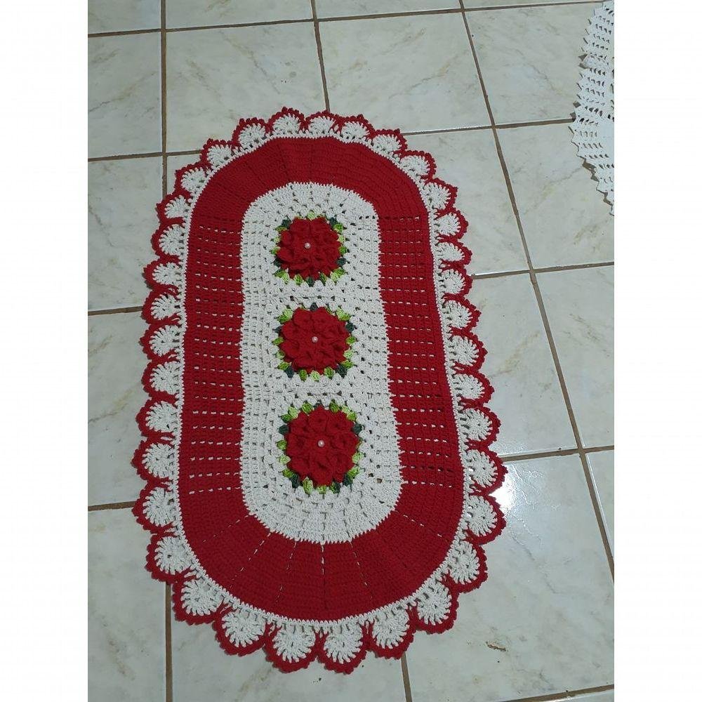 Tapete Crochê Oval Sala Quarto Flores Branco Vermelho 69x50 - 2