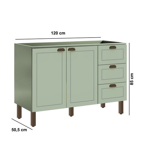 Balcão Cozinha 120cm 2PTS 3GAV Conecta Frizz Verde Mint s/Tpo