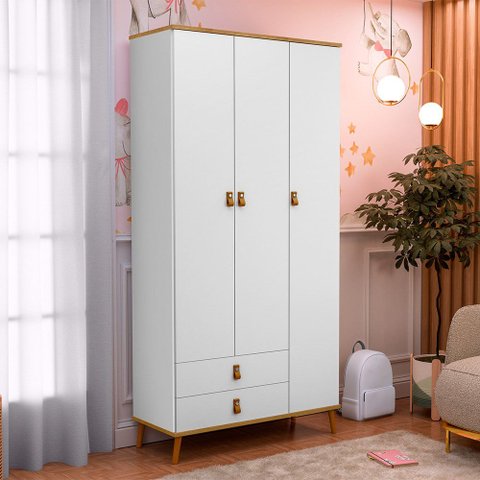 Roupeiro Jujuba Branco e Nature 3 Portas 2 Gavetas Infantil Organizador Moderno Quarto Criança