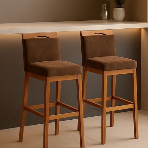 Kit 2 Banquetas Alta Cozinha Gourmet Estofada Suede:Suede Marrom