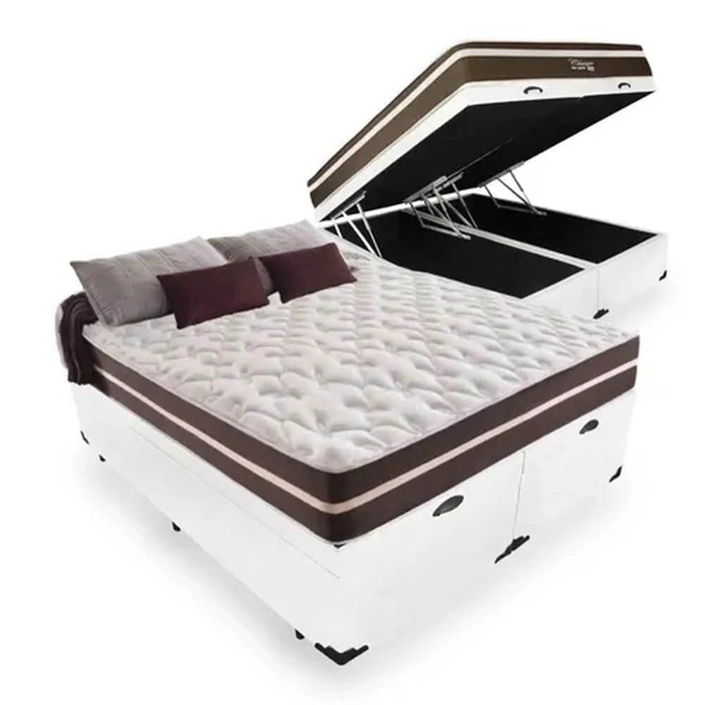 Cama Box Baú Casal 138 Bipartido Tecido Sintético Branco com Colchão Little Angel - Bello Box - Mola - 1