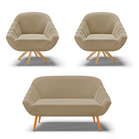 Kit 01 Namoradeira 02 Lugares e 02 Poltronas Giratória Giovana Suede Marrom Rato Base Madeira MM30