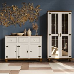 Balcão Buffet Retrô 3p 3g + Cristaleira Retrô 2p Off White/ Nogueira - 2
