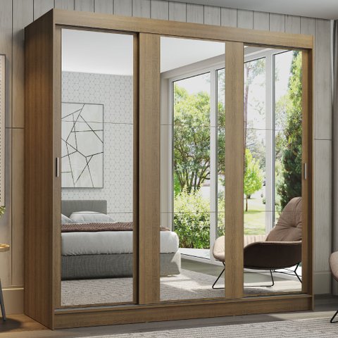 Guarda-Roupa Casal Madesa Reno 3 Portas de Correr de Espelho Rustic Cor:Rustic