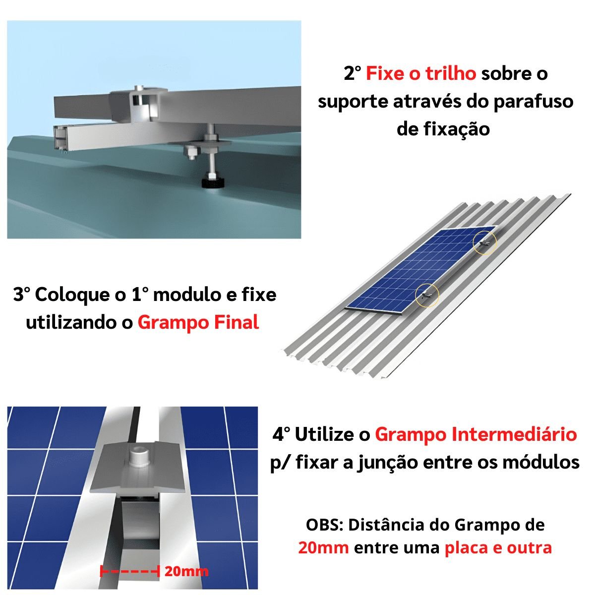 Kit Estrutura Suporte Fixador para 03 Placas Solar Alumínio e Inox Telha Fibro Ondulada em Viga Made - 8
