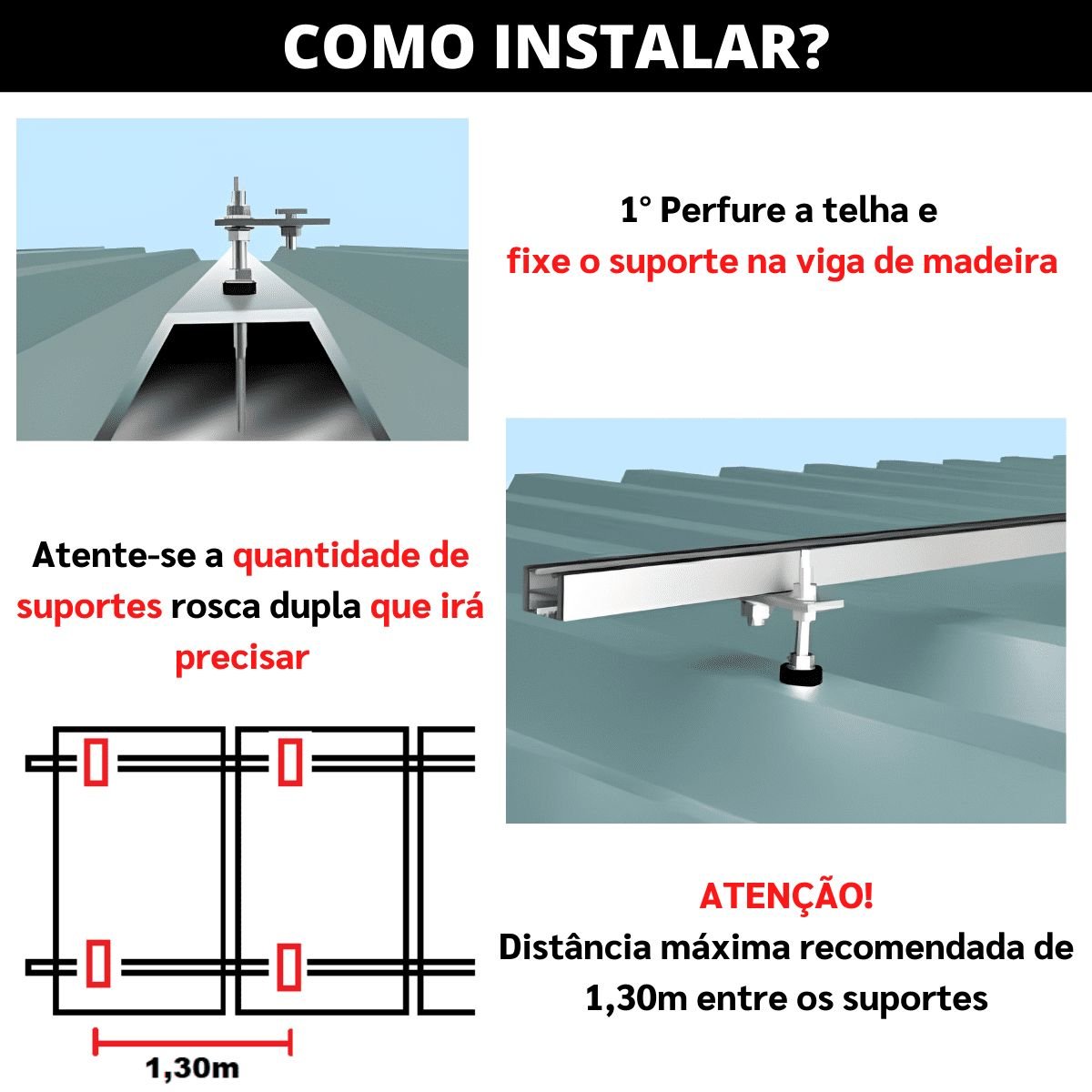 Kit Estrutura Suporte Fixador para 03 Placas Solar Alumínio e Inox Telha Fibro Ondulada em Viga Made - 7