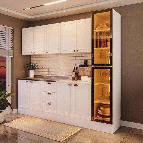 Cozinha Compacta 7 Peças com Cristaleira Branco Yescasa
