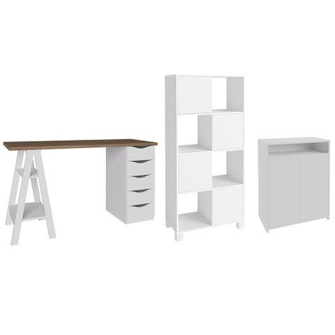 Conjunto Escritório Home Office 3 Peças Maly A06 Nogal/branco - Mpozenato