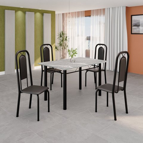 Conjunto de Mesa Tubular 120cm x 75cm Tampo Granito Topázio com 4 Cadeiras Lara Preto/Liso