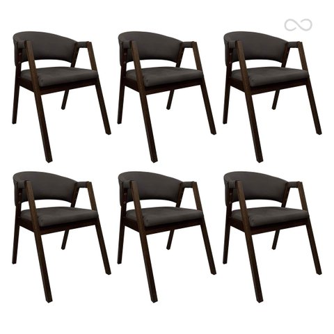 Kit 6 Cadeiras para Mesa Jantar Madeira com Braço Estofada Arredondada Marrom Café Ccs