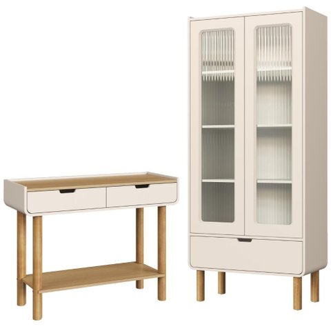 Cristaleira 180x80 Cm e Aparador 100 Cm Aura Pes Madeira Maciça Off White Artesano