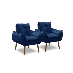 Kit 2 Poltronas para Sala Decorativa Opala Pés Madeira Suede Azul Marinho Império Decor
