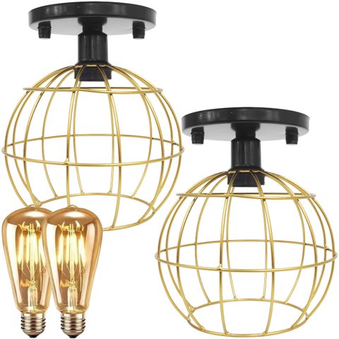 2 Lustre Teto Plafon + 2 Lâmpada Led St64 Industrial Aramado Globo Retrô Luminária Vintage - Preto/D
