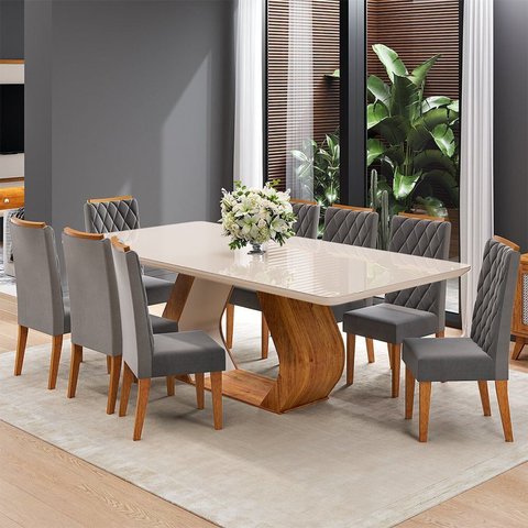 Conjunto Sala de Jantar 8 Lugares Retangular Tampo em Vidro e MDF Oversized Cinza/Mel/Off White