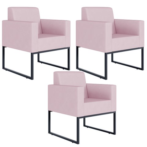 Kit 3 Poltronas Decorativas para Sala Recepção Base Fixa de Metal Helô L02 Suede Rosê - Lyam