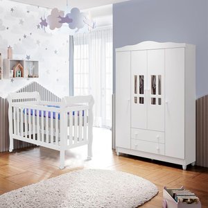 Quarto de Bebê Ariel Berço 3 em 1 Lila Guarda Roupa 4 Portas Infantil Branco Carolina Baby