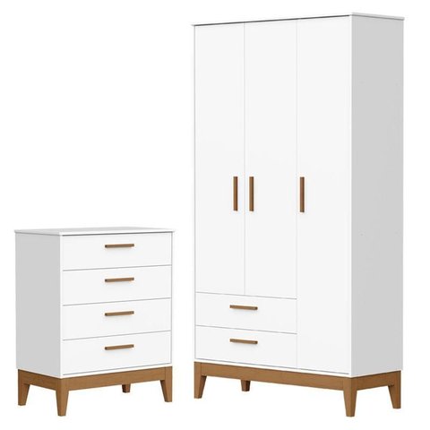 Guarda Roupa Infantil Flip 3 Portas com Cômoda Gaveteiro Infantil Flip Branco Acetinado - Reller