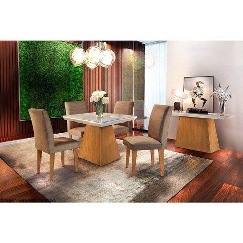 Sala de Jantar Completa Luna C/ Tampo Madeirado C/ Vidro Canto Reto 90cm + 4 Cadeiras Grécia Imbuia