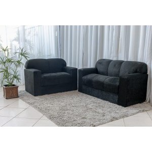 Conjunto Sofá 3 e 2 Lugares Xaropinho Suede Preto - Al Móveis